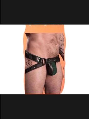 Men's Leather Harness Jockstrap with Green Pouch